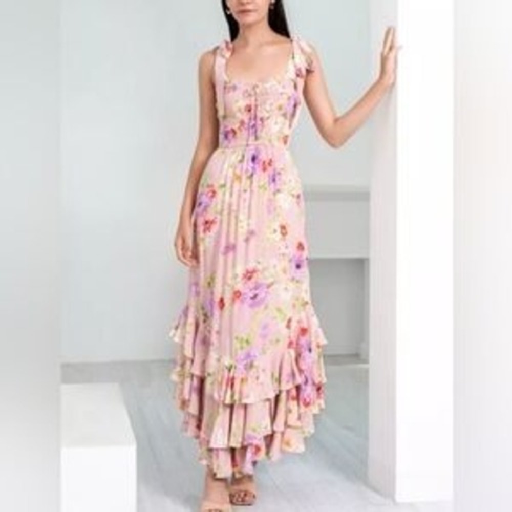 Yumi Kim Pink Floral Blush Milkmaid Ruffle Tied Strap Maxi Dress Medium Feminine